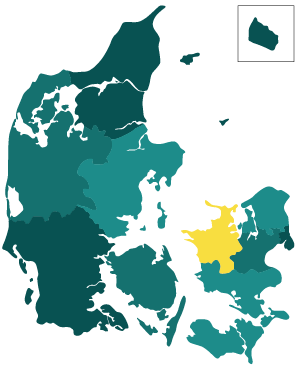 Danmarkskort med Vestsjælland markeret