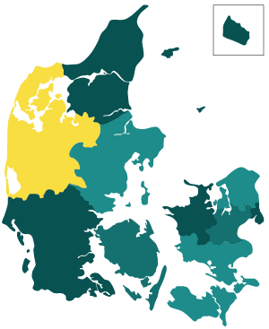 Danmarkskort med Vestjylland markeret