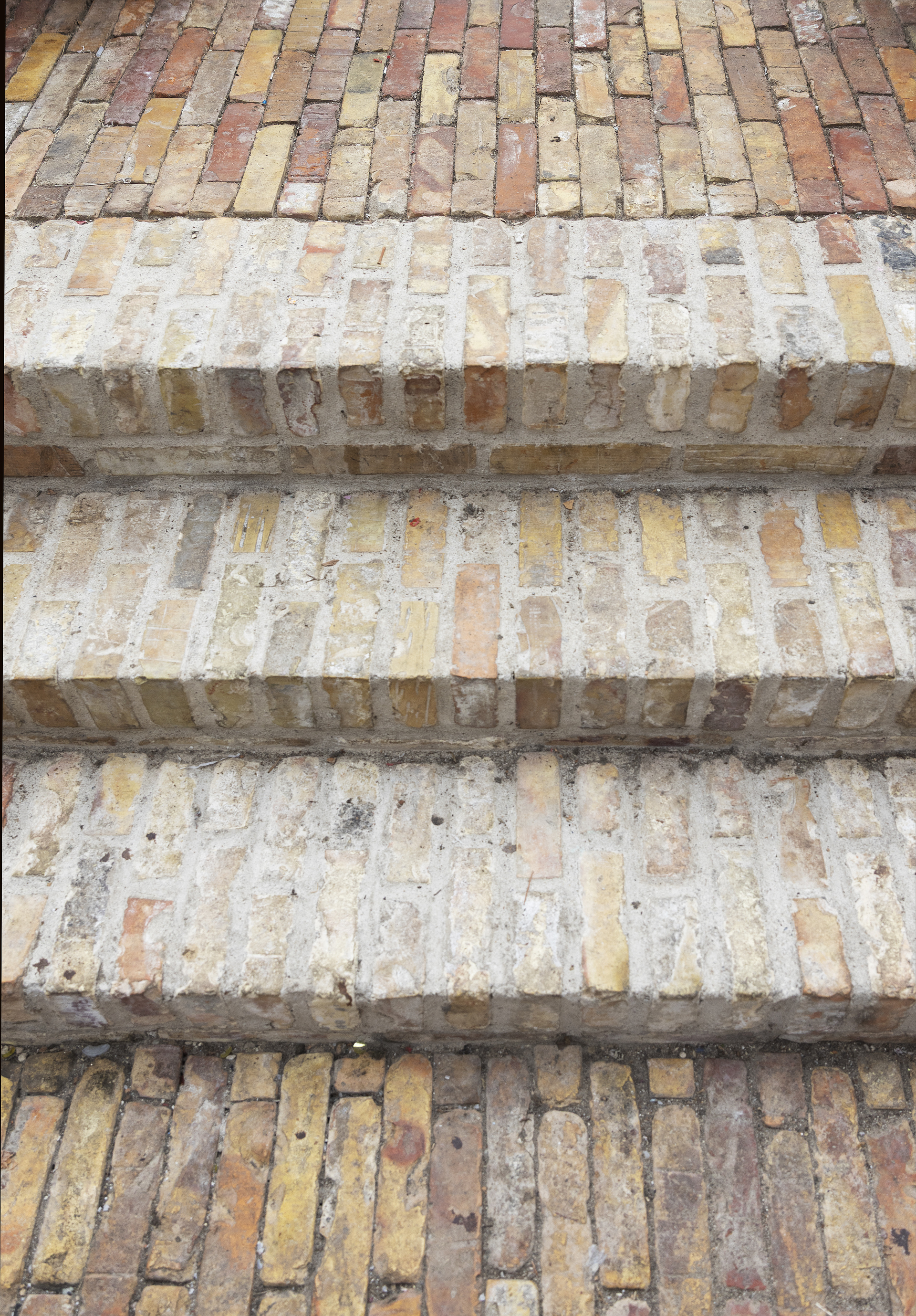 Niveauforskellen i orangeriet er løst med trapper i genbrugsmursten, som også stammer fra Rigshospitalet.